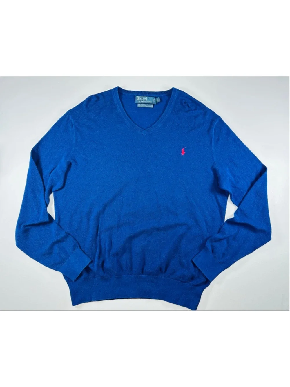 Vintage Polo Ralph Lauren Blue Cotton Cashmere V-Neck Sweater XL Red Pony